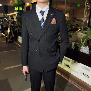 Куртка + брюки, классический однотонный двубортный деловой костюм в полоску, комплект из двух предметов, приталенный мужской костюм жениха в корейском стиле, комплект Изображение 2