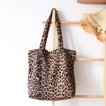 Леопардовая холщовая сумка-тоут 2023, повседневная сумка для покупок, Корейская версия, модная простая сумка через плечо, женская сумка Изображение 2