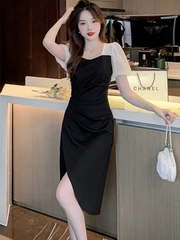Летнее Черное платье Миди с пышными рукавами в стиле Пэчворк Женское Корейское Шикарное Сексуальное платье для выпускного вечера 2023 Элегантное Облегающее вечернее платье Vestidos Изображение 2