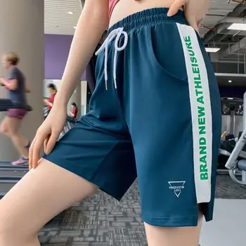 Летние женские шорты для йоги со свободным карманом, негабаритные спортивные штаны для бега, фитнеса, брюки с высокой талией и завязками, повседневные корейские колготки Изображение 2
