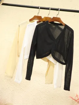 Летний кардиган, женский укороченный Корейский модный стиль, женское черное пальто, одежда, женский свитер с V-образным вырезом, верхняя одежда, милый Базовый Изображение 2