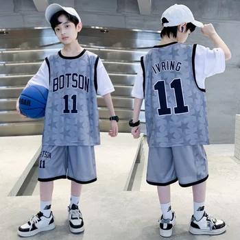 Летний комплект одежды для мальчиков, топ с коротким рукавом + шорты, 2 предмета, детский спортивный костюм для подростков, форма для тренировок по баскетболу и футболу. Изображение 2
