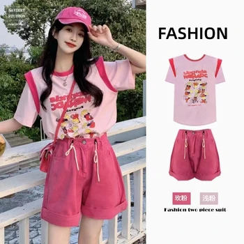 Летняя Соль одета в розовую рубашку, костюмы женские 2023, модный западный стиль, шорты для отдыха без возраста, платье из двух частей Изображение 2