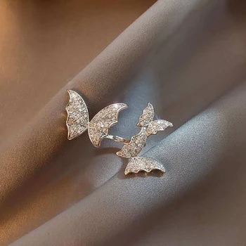 Медное милое животное, блестящее кольцо-бабочка с фианитами, Регулируемые открывающиеся кольца на палец Для подружек, обручальные украшения для девочек Изображение 2