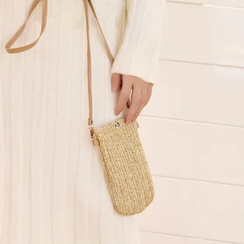Мини-кошелек, плетеная маленькая сумка для телефона ручной работы, женские сумки через плечо, плетеные Летние пляжные женские Изображение 2