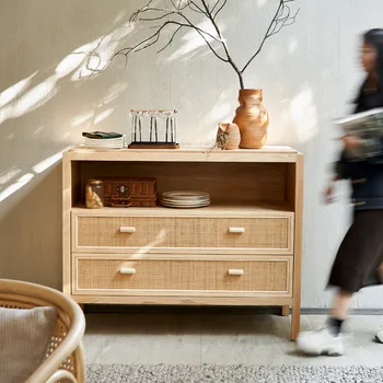 Многофункциональный обеденный шкаф в японском стиле с выдвижными ящиками, современная и простая гостиная, из массива дерева, плетеный из ротанга sma Изображение 2