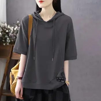 Модная повседневная блузка с капюшоном, женская одежда 2023, Летние новые Корейские пуловеры большого размера, топы, рубашка для поездок на работу Изображение 2