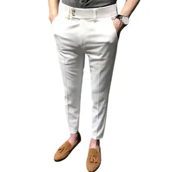 Модные мужские девятые брюки, приталенные Девятые брюки, Офисные карманы, Износостойкая молния, Девятые костюмные брюки Изображение 2
