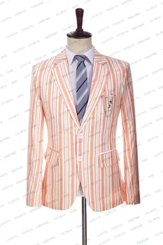 Модный новый мужской повседневный бутик 2023, белые льняные костюмы в оранжево-розовую полоску, деловой свадебный костюм жениха, комплект из 2 предметов, куртка и брюки Изображение 2