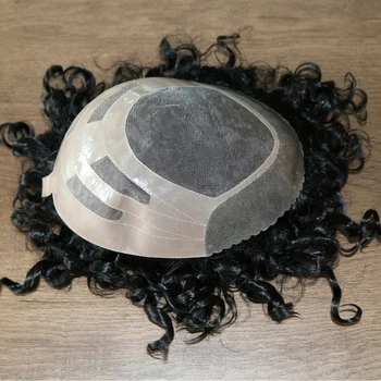 Моно кружевной топ с прочным париком из искусственной кожи вокруг кудрявых волос для мужчин 10 ”x8”, Европейские системы замены человеческих волос Virgin, Мужской парик Изображение 2