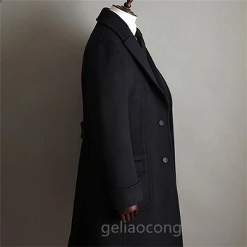 Мужское длинное пальто, черный шерстяной блейзер для джентльменов, зимний теплый деловой повседневный пиджак для выпускного вечера на каждый день, сшитый на заказ Изображение 2