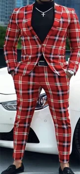 Мужской костюм Красный Белый Черный блейзер Брюки Клетчатый костюм люксовых брендов Scotland Grid Мужская свадебная одежда 2шт Куртка Брюки Наряд Изображение 2