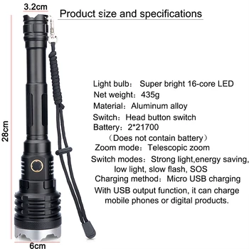 Новейший 16-ядерный тактический фонарик XHP110, мощный светодиодный фонарик, USB-аккумуляторная батарея 21700, зум, мощный фонарь для кемпинга Изображение 2