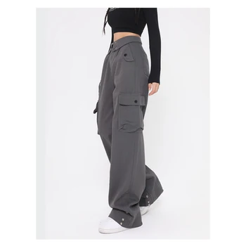 Новые женские брюки-карго, винтажные, с высокой талией, большими карманами, модные длинные брюки, прямые Изображение 2