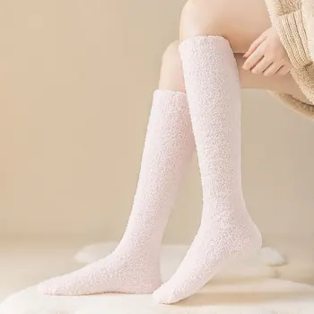 Новые зимние теплые чулки Carf из кораллового флиса длиной до колен, женские эластичные носки-трубки для домашнего сна Изображение 2