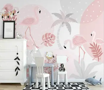 Обои на заказ, ручная роспись, простой фламинго, фоновая стена в помещении, розовый фон детской комнаты, настенные фрески, 3D обои Изображение 2