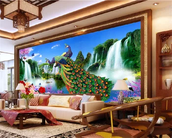 Обои на заказ супер прозрачный пейзаж с павлином, пион, слива, водопад, фон для гостиной, картина для украшения стен Изображение 2