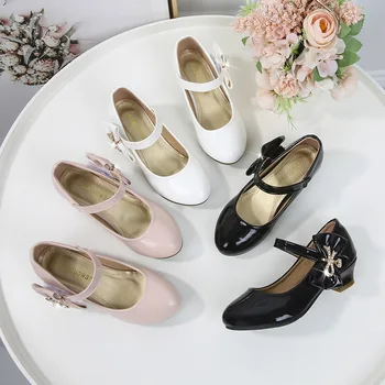Обувь для девочек на высоком каблуке, детская кожаная обувь, новая мода, обувь принцессы для девочек с бантом, черный, белый, розовый Изображение 2