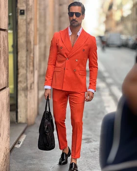 Оранжевые мужские костюмы, сшитые на заказ, 2 предмета, блейзер, брюки с заостренным лацканом, Двубортный приталенный крой в тонкую полоску, свадебный пошив на заказ, большие размеры Изображение 2
