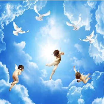 папье-маше индивидуальные фотообои Высокой четкости ангел голубое небо белое облако потолок домашний декор фреска papel de parede Изображение 2