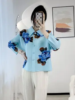 Плиссированная рубашка Miyake с принтом розы, весенняя новинка 2023 года, высококачественное свободное пальто с отворотом в корейском стиле, уменьшающее возраст. Изображение 2