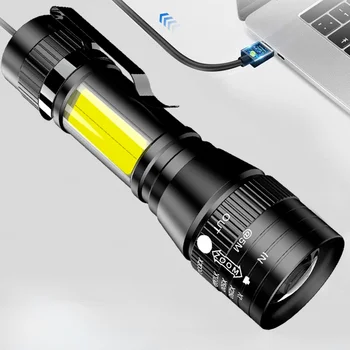 Портативный фонарик с USB-перезаряжаемым зумом, ручной тактический мини-фонарик, встроенный аккумулятор, водонепроницаемый фонарик для экстренных случаев. Изображение 2