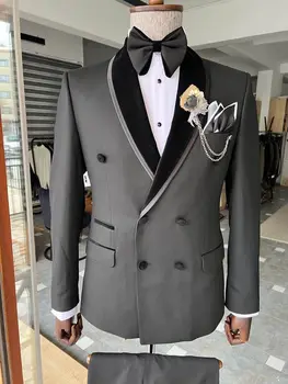 Последний официальный комплект темно-серых блейзеров для свадьбы жениха, 2 предмета, черная бархатная шаль с лацканами, приталенный двубортный пиджак, Пан Изображение 2