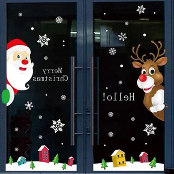 Рождественские наклейки на окна, Веселые Рождественские украшения для детской комнаты, наклейки на стены, Рождественские наклейки на стены, Новогодние наклейки на окна Изображение 2