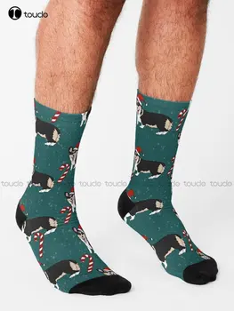 Рождественский Санта-Корги -зеленая собака, Собачьи носки для щенков Носки с Цифровой Печатью 360 °, Изготовленная На Заказ Подарочная Уличная Одежда, Забавный Носок Art Изображение 2