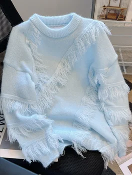 Розовый для нежной женской 2023 Осень Зима кисточкой свитер джемпер женский простоя стиль свободный свитер топ для похудения Изображение 2