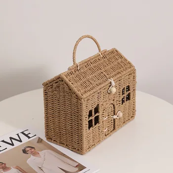 Ручная соломенная сумка в мультяшном домике, новый нишевый дизайн, ручная тканая сумка для хранения корзины Изображение 2