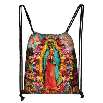 Рюкзак с принтом Богоматери Гваделупской, Девы Марии, женские сумки на шнурках, сумка для хранения через плечо для подростков, дорожная подставка для обуви Изображение 2