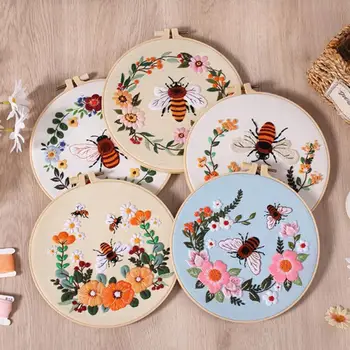 Стартовый набор для вышивания для начинающих, наборы для вышивания крестиком для взрослых, включают в себя милые узоры в виде пчел и цветов, пяльцы для вышивания Изображение 2