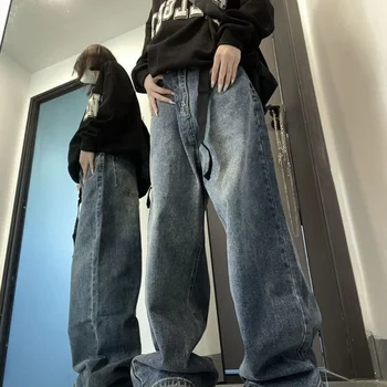 Темно-синие уличные хип-хоп свободные широкие брюки, американские повседневные джинсы с высокой талией, женская зимняя мода 2022 года, широкие брюки, женские брюки Изображение 2