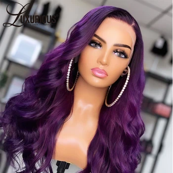 Темно-фиолетовые кружевные фронтальные парики с объемной волной 13x4, 32 дюйма, фиолетовые парики из человеческих волос с подсветкой для чернокожих женщин, прозрачный кружевной парик Изображение 2