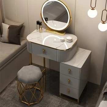 Туалетные столики из массива дерева в скандинавском стиле для домашней мебели, туалетный столик для туалетного столика, Роскошный Высококлассный туалетный столик для спальни с зеркальными табуретками Изображение 2