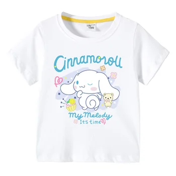 Футболка Sanrio Kawali Cinnamoroll, Детская одежда с коротким рукавом, хлопок, Мягкий дышащий Подарок для девочек, Игрушки на день рождения для детей Изображение 2