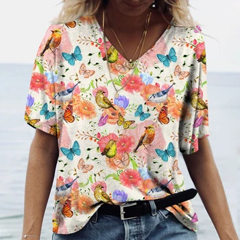 Цветочные футболки с 3D-принтом в виде бабочки, женская футболка, топы Y2k, футболки с V-образным вырезом, женская одежда Harajuku Оверсайз Изображение 2