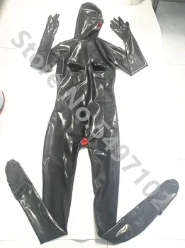 Черный латексный комбинезон с полным покрытием, маской на груди, капюшоном, костюмы на молнии сзади, на талии. Изображение 2