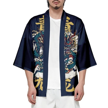 Японская одежда Костюм самурая Юката Пляжное мужское кимоно Хаори Оби Кардиган с принтом дракона Уличная куртка Изображение 2